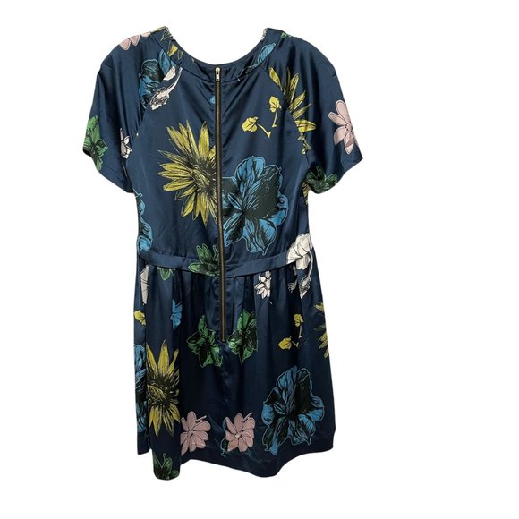 Topshop Size 6 Blue Satin Floral Crew Neck Short Sleeve Mini Dress - Picture 3 of 6